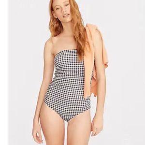 NWOT J Crew Ruched bandeau one-piece in gingham. White/Navy Size 6